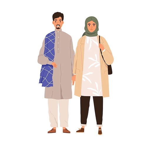 Muslim couple of modern Arab man and woman in casual outfits with hijab. Happy Saudi Arabian people portrait wearing stylish fashion clothes. Flat vector illustration isolated on white .