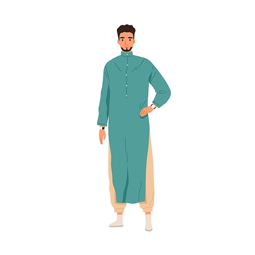 Muslim man wearing traditional Arab clothes, thobe. Saudi Arabian guy in eastern outfit, pants and tunic. Modern oriental person portrait. Flat vector illustration isolated on white .