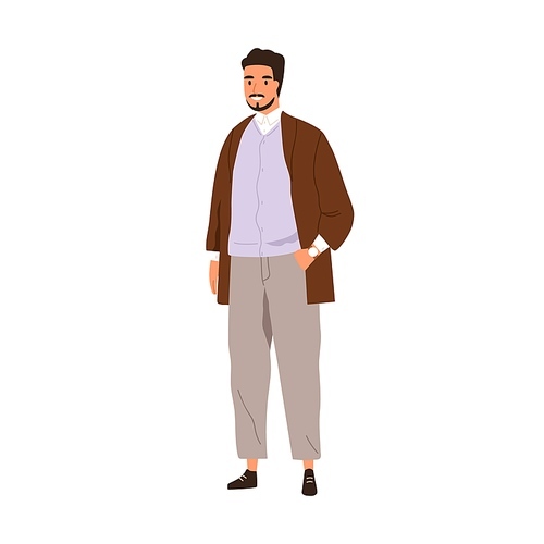 Muslim Arab man wearing modern outfit. Saudi Arabian businessman in casual apparel portrait. Eastern business person in fashion stylish clothes. Flat vector illustration isolated on white .