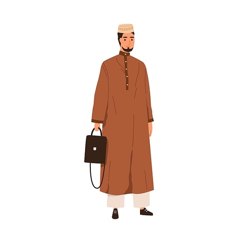 Muslim man in traditional Arab outfit, thobe and headwear. Saudi Arabian person in Eastern clothes, tunic and cap. Middle East human portrait. Flat vector illustration isolated on white .