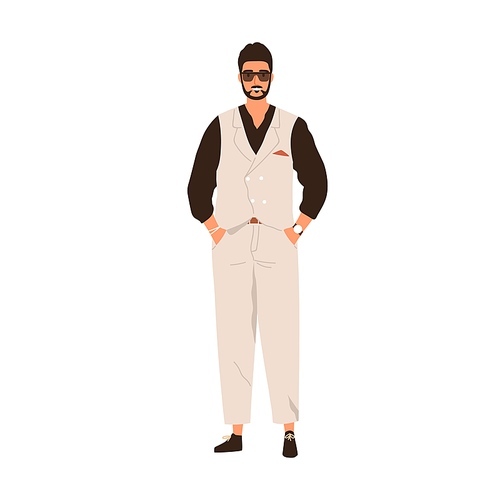 Muslim Arab man in modern outfit and sunglasses. Saudi Arabian person in casual fashion apparel. Happy smiling eastern guy portrait. Flat vector illustration isolated on white .
