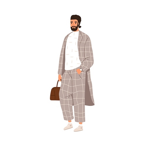 Modern Arab man in casual outfit. Eastern Muslim person wearing fashion apparel. Stylish oriental businessman in trendy suit and sneakers. Flat vector illustration isolated on white .