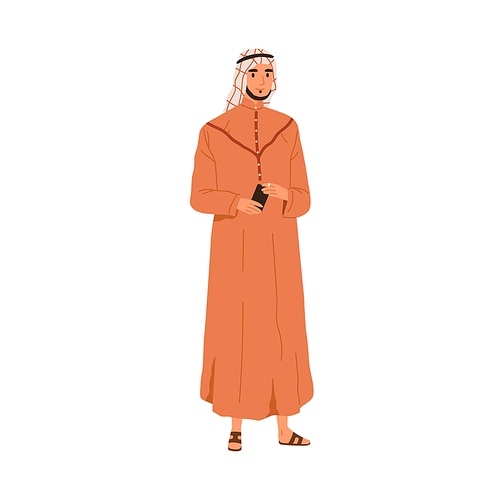 Muslim Arab man in thobe and headwear. Saudi Arabian person in traditional apparel, tunic and kufiya. Eastern male with smartphone in hands. Flat vector illustration isolated on white .