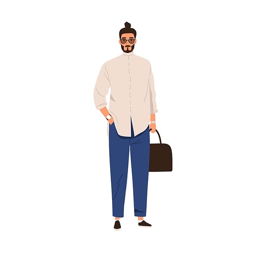 Modern Arab business man in fashion outfit. Muslim person in casual apparel and sunglasses. Businessman portrait, wearing shirt, pants and bag. Flat vector illustration isolated on white .