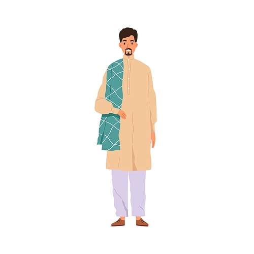 arab man in traditional oriental outfit. muslim person wearing eastern apparel. happy saudi arabian portrait in modern tunic and pants. flat vector illustration isolated on white .