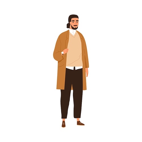 Modern Arab man in casual outfit. Oriental Muslim person wearing fashion clothes. Eastern Saudi Arabian male standing in stylish apparel. Flat vector illustration isolated on white .