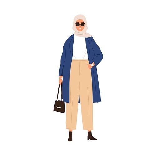 Arab woman portrait. Modern Muslim female wearing hijab, sunglasses and fashion clothes. Arabian person in stylish outfit and headscarf. Flat graphic vector illustration isolated on white .
