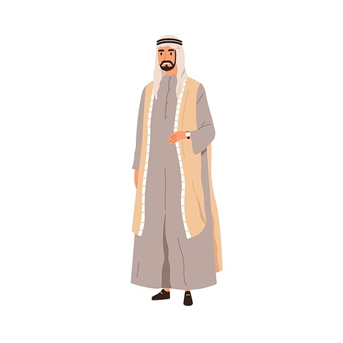Muslim Arab man wearing traditional apparel, thobe, vest and headwear. Arabian person in tunic and keffiyeh. Oriental male in national clothes. Flat vector illustration isolated on white .