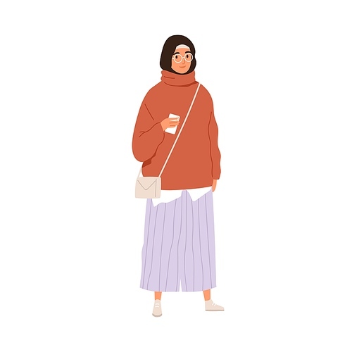 Modern Arab woman wearing hijab and casual clothes. Muslim female in eyeglasses portrait. Arabian person in headscarf and skirt, holding phone. Flat vector illustration isolated on white .