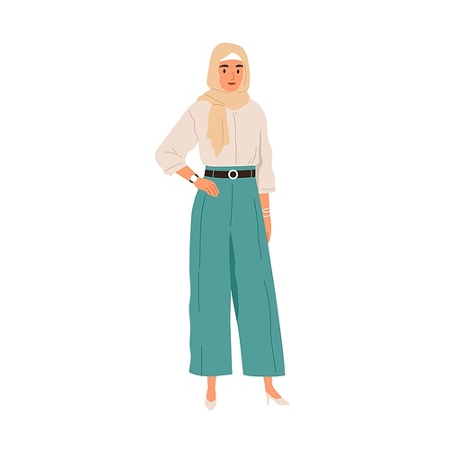 Modern Arab woman portrait. Muslim female wearing hijab and fashion clothes. Arabian person in trendy outfit, headscarf and pants. Flat graphic vector illustration isolated on white .