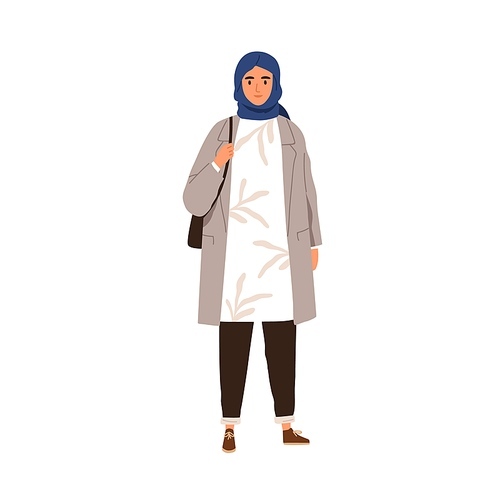 Muslim woman in casual clothes and hijab. Arab female wearing headscarf and modern outfit. Arabian person in traditional headwear portrait. Flat vector illustration isolated on white .