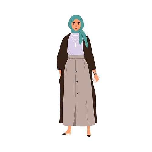 Muslim Arab woman wearing hijab and skirt. Modern Arabian female in headscarf in fashion casual apparel. Elegant Saudi person in stylish outfit. Flat vector illustration isolated on white .
