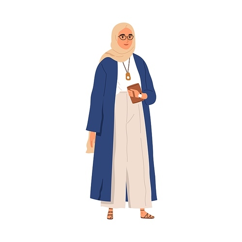 modern muslim woman in hijab headscarf. arab female in fashion outfit, wearing pants, accessories and eyeglasses. arabian person portrait. flat vector illustration isolated on white .