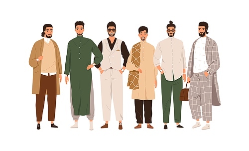 Group portrait of Arab Muslim people. Modern Saudi Arabian men in fashion outfits. Middle East happy males in stylish contemporary clothes. Flat vector illustration isolated on white .