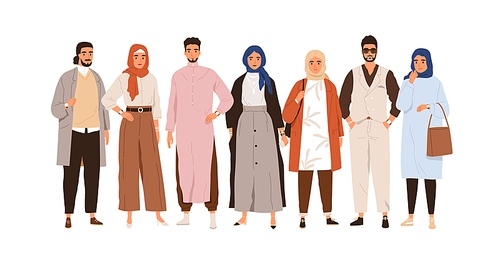 Arab people in modern outfits. Group portrait of Muslim Arabian man and woman in stylish clothes and headwear. Oriental Saudi humans. Flat graphic vector illustration isolated on white .