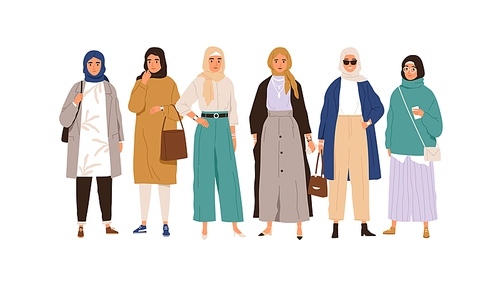 Arab Muslim women in modern apparel and headwear. Group portrait of Arabian females in casual fashion clothing and traditional headscarf, hijab. Flat vector illustration isolated on white .