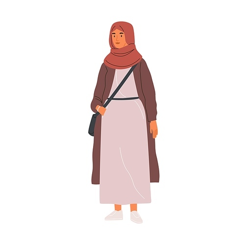 Young modern Muslim woman wearing trendy casual clothes and hijab. Arab female character in long dress, sneakers and traditional headdress isolated on white . Flat vector illustration.