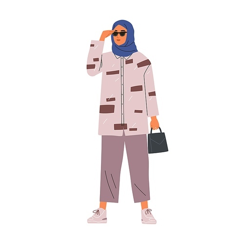 Young modern Muslim woman wearing trendy casual clothes and hijab. Stylish Arab female character in sunglasses and traditional headdress. Colored flat vector illustration isolated on white .