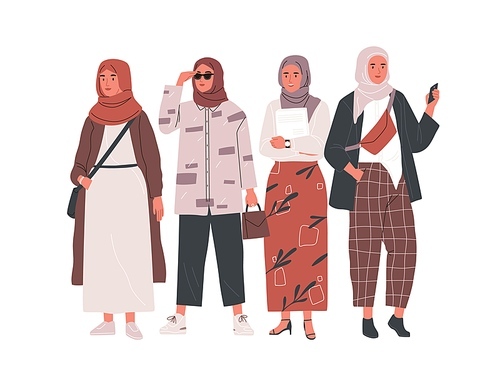 Group of modern Muslim woman wearing stylish and trendy casual clothes and hijab. Fashion Arab female characters in traditional headdresses. Flat vector illustration isolated on white .