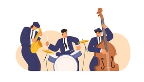 Jazz band with saxophone, drum kit and double bass. Musicians men in suits playing blues. Drummer, saxophonist and cello player with instruments. Flat vector illustration isolated on white background.