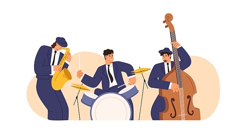 Jazz band with saxophone, drum kit and double bass. Musicians men in suits playing blues. Drummer, saxophonist and cello player with instruments. Flat vector illustration isolated on white .