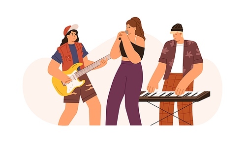 Music band with singer and musicians. Modern woman vocalist with microphone and men playing guitar and synthesizer. Popular group with guitarist. Flat vector illustration isolated on white .