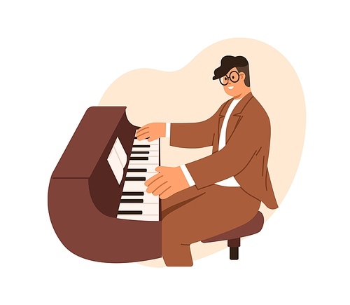 Musician playing piano. Pianist performing classical music on keyboard instrument. Happy professional talented player sitting on chair in suit. Flat vector illustration isolated on white .