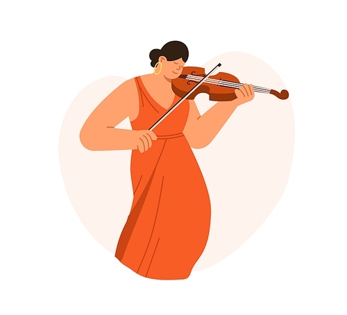 Woman musician playing violin with bow. Violinist performing classical music with fiddle. Young professional string instrument player in dress. Flat vector illustration isolated on white .