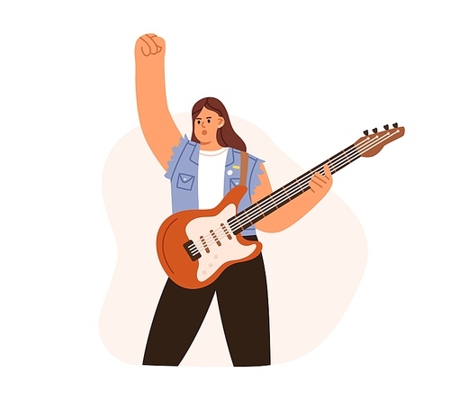 Rock guitarist playing music with electric guitar. Woman standing, performing solo. Modern string instrument player with hands up at performance. Flat vector illustration isolated on white .