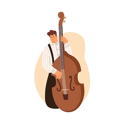 Double bass player standing with big string instrument, playing classical music with fingers. Man musician. Professional contrabassist in shirt. Flat vector illustration isolated on white .
