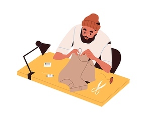 Tailor sewing with hands and needle. Man sewer mending, repairing clothes. Worker sew bespoke handmade garment. Flat vector illustration of DIY and handicraft process isolated on white .