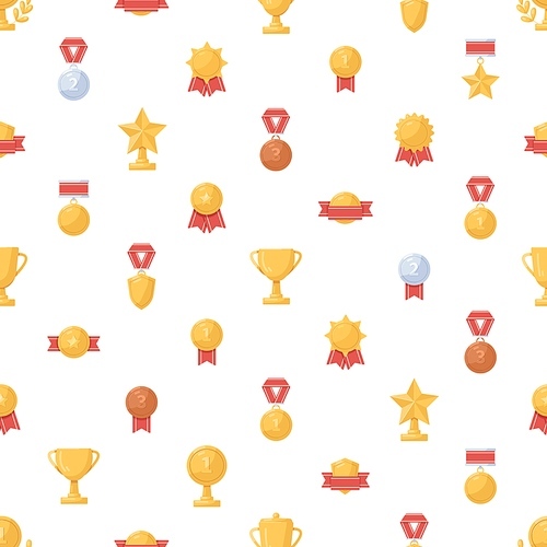 Seamless medals and winner cups pattern. Endless background with gold sports trophies, prizes and awards . Repeating backdrop with golden, silver, bronze rewards. Colored flat vector illustration.