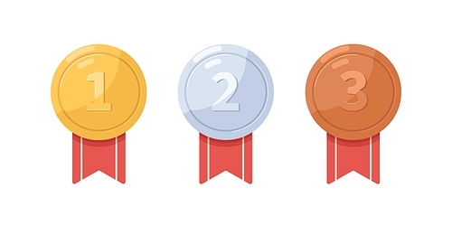 Gold, silver and bronze medals. Metal awards, winner badges for first, second and third places. 1st, 2nd and 3d prizes in competition. Flat graphic vector illustration isolated on white .