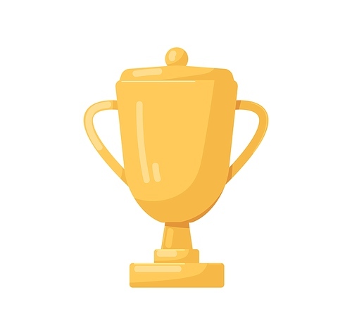 Gold winner cup. Golden goblet, prize for first place. Gilded trophy for champion. Award with pedestal, lid and handles. Shiny metal reward. Flat vector illustration isolated on white .