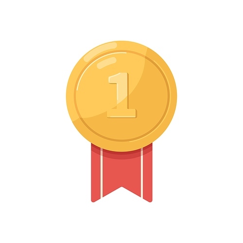 Gold medal award for first place. Winners reward. Number one 1 badge for champion. 1st prize medallion for achievement. Best quality symbol. Flat vector illustration isolated on white .