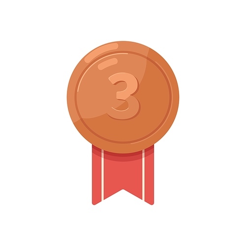 Bronze medal award for third place. 3rd prize-winners reward with number 3 three. Metal badge with ribbon. Realistic circle shiny medallion. Flat vector illustration isolated on white .