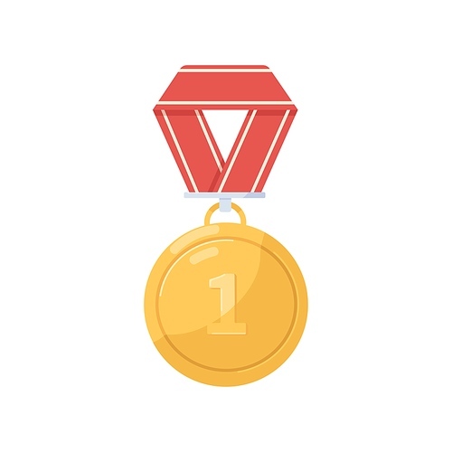 Gold medal for first place. Winners award with number one 1. 1st round medallion badge with ribbon mesh. Champions reward. Realistic flat graphic vector illustration isolated on white .