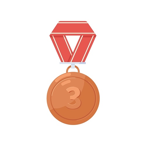 Bronze medal, third place award. 3rd prize-winners reward. Metal badge with number three 3 and ribbon mesh. Shiny medallion with loop. Realistic flat vector illustration isolated on white .