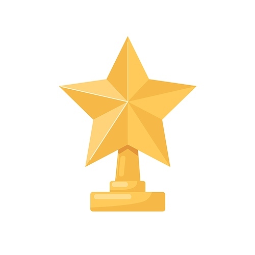 Gold star prize. Golden winners award. Pentacle on pedestal trophy. Gilded reward for first place achievement in contest. Colored flat vector illustration isolated on white .