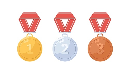 Gold, silver and bronze metal medals set. Circle awards with mesh for first, second and third places. Winners rewards. Champions prizes. Colored flat vector illustration isolated on white .