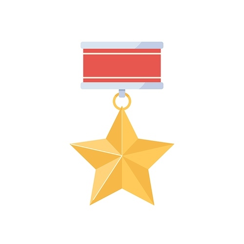 Gold star medal with red ribbon. Military award badge. Golden honor and pride reward for hero. Metal distinction symbol. Flat vector illustration of medallion isolated on white .