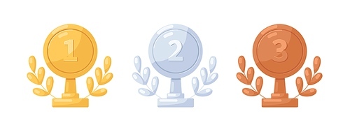 Gold, silver and bronze medals on stand. Metal awards with laurel branch. Trophies for first, second and third places. 1st, 2nd and 3rd prizes. Flat vector illustration isolated on white .