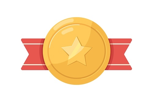 Medal badge with hero star and red ribbon. Gold military award. Honor and pride soldiers reward. Round medallion, emblem. Realistic colored flat vector illustration isolated on white .