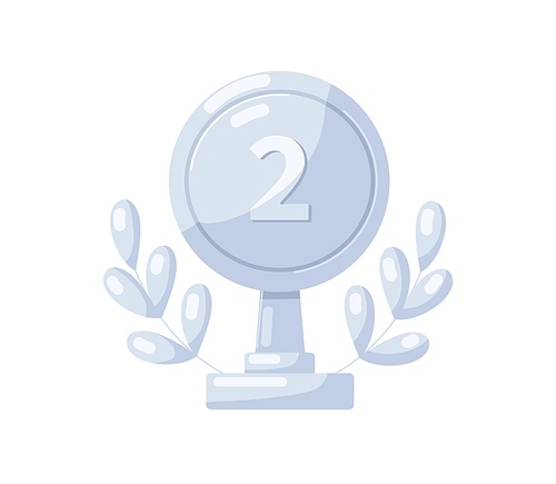 Silver medal stand with number two 2. Award for second 2nd place. Metal reward with laurel leaf branch and leg. Prize-winners trophy. Flat graphic vector illustration isolated on white .