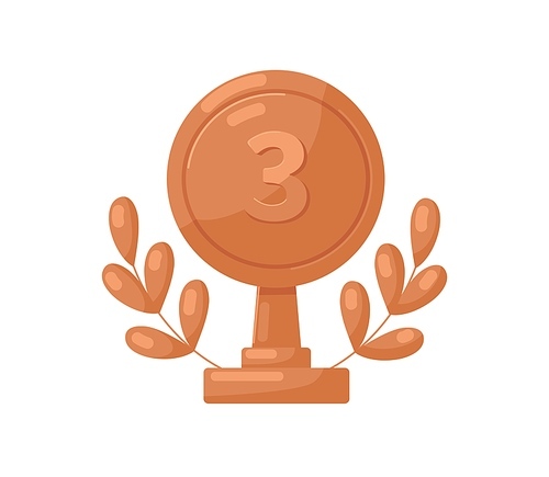 Bronze medal stand with number two 2 and laurel leaf branch. Award for second 2nd place. Metal reward. Realistic prize-winners trophy. Flat graphic vector illustration isolated on white .