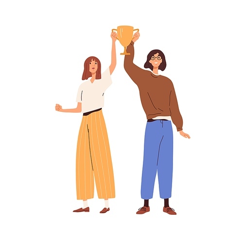 People hold winners trophy. Happy women employees with gold cup in hands. Excited office workers with award. Winning business reward concept. Flat vector illustration isolated on white .