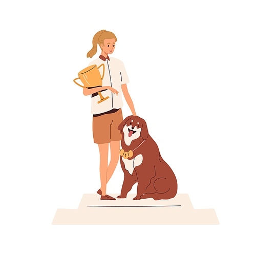 Person and dog winner of pets competition. Owner with gold cup award, goblet trophy and doggy with medals on pedestal after winning contest. Flat vector illustration isolated on white .