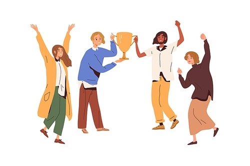 People holding winners cup, celebrate victory. Happy team with trophy. Champions and gold goblet award. Achievement and triumph concept. Flat graphic vector illustration isolated on white .