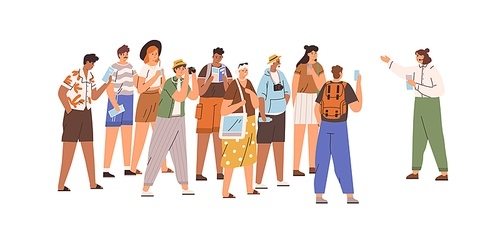 Guide pointing and telling smth to group of tourists. Crowd of people at summer excursion. Men and women during holiday trip. Colored flat vector illustration of travelers isolated on white .