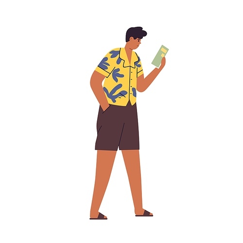 Relaxed suntanned tourist walking and reading city guide at excursion. Man travel with map and sightseeing on summer holidays. Tourism concept. Flat vector illustration isolated on white .
